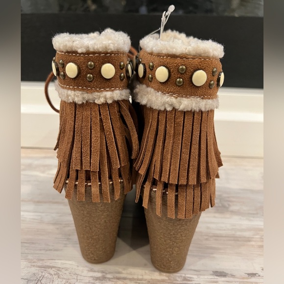 Sam Edelman Kemper Brown Suede Fringe Wedge Platform Ankle Boots - Picture 6 of 9